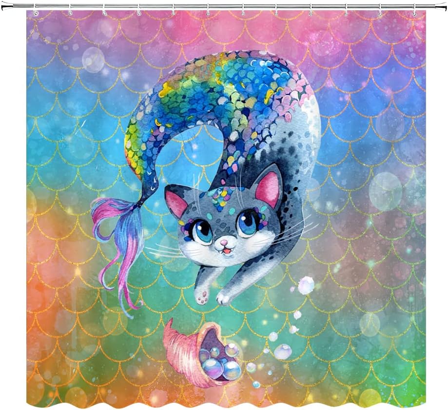 Colorful Mermaid Scales Shower Curtain with Rainbow Cartoon Cat Theme for Your Bathtub