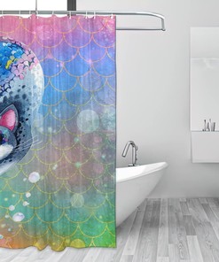 Colorful Mermaid Scales Shower Curtain with Rainbow Cartoon Cat Theme for Your Bathtub