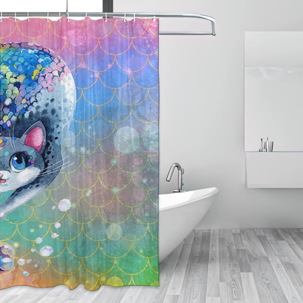 Colorful Mermaid Scales Shower Curtain with Rainbow Cartoon Cat Theme for Your Bathtub