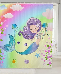 Colorful Mermaid Shower Curtain with Starfish Jellyfish Sea Turtle Design for Kids and Adults