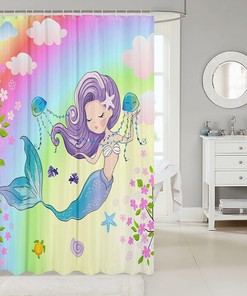Colorful Mermaid Shower Curtain with Starfish Jellyfish Sea Turtle Design for Kids and Adults