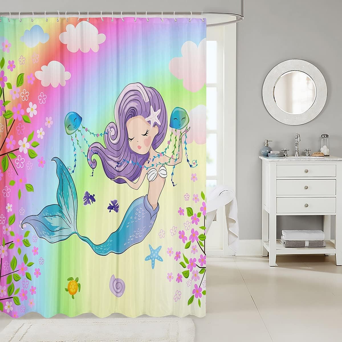 Colorful Mermaid Shower Curtain with Starfish Jellyfish Sea Turtle Design for Kids and Adults