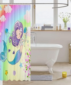 Colorful Mermaid Shower Curtain with Starfish Jellyfish Sea Turtle Design for Kids and Adults