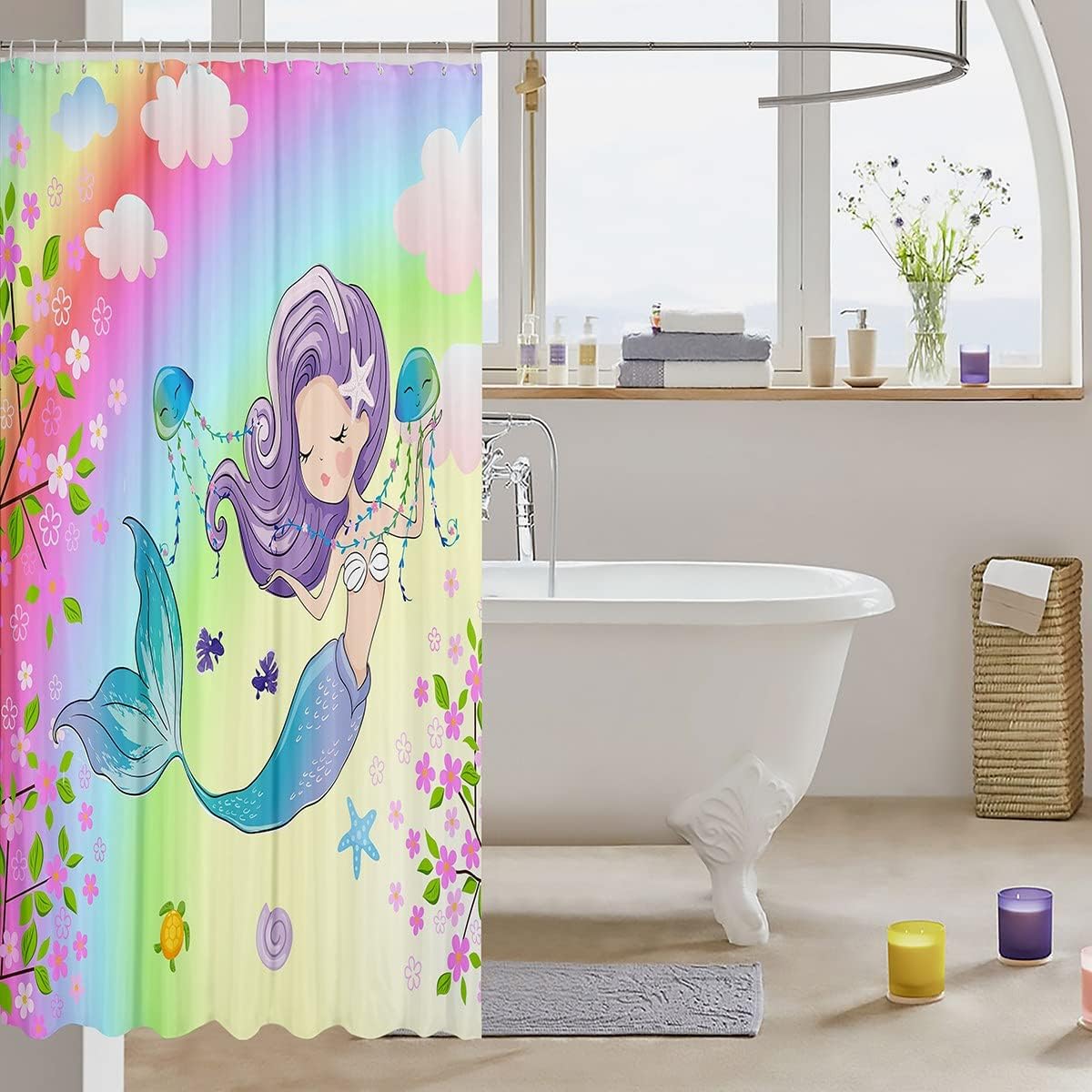 Colorful Mermaid Shower Curtain with Starfish Jellyfish Sea Turtle Design for Kids and Adults