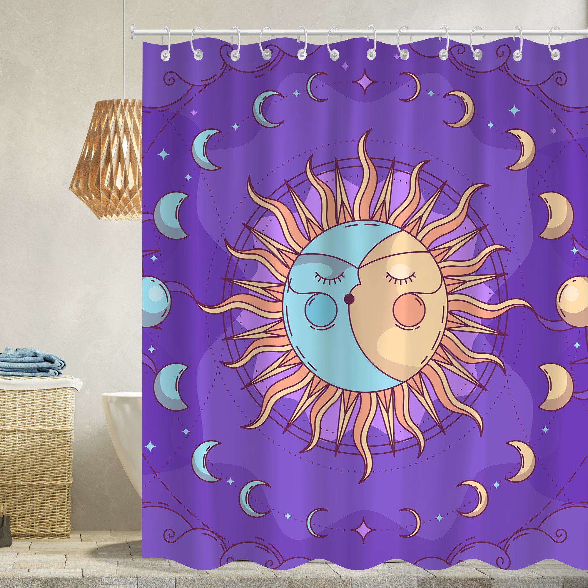 Colorful Modern Sun and Moon Shower Curtain for Bathroom Decor