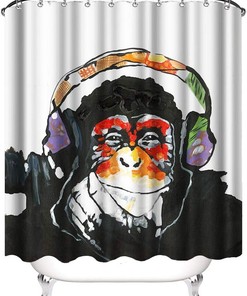 Colorful Monkey Shower Curtain, Funny Animal Portrait with Headset for Bathroom