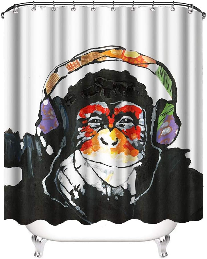 Colorful Monkey Shower Curtain, Funny Animal Portrait with Headset for Bathroom