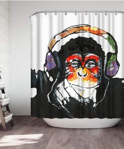 Colorful Monkey Shower Curtain, Funny Animal Portrait with Headset for Bathroom