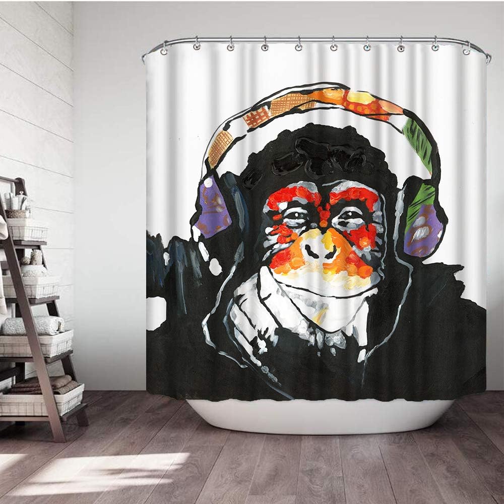 Colorful Monkey Shower Curtain, Funny Animal Portrait with Headset for Bathroom