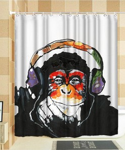 Colorful Monkey Shower Curtain, Funny Animal Portrait with Headset for Bathroom