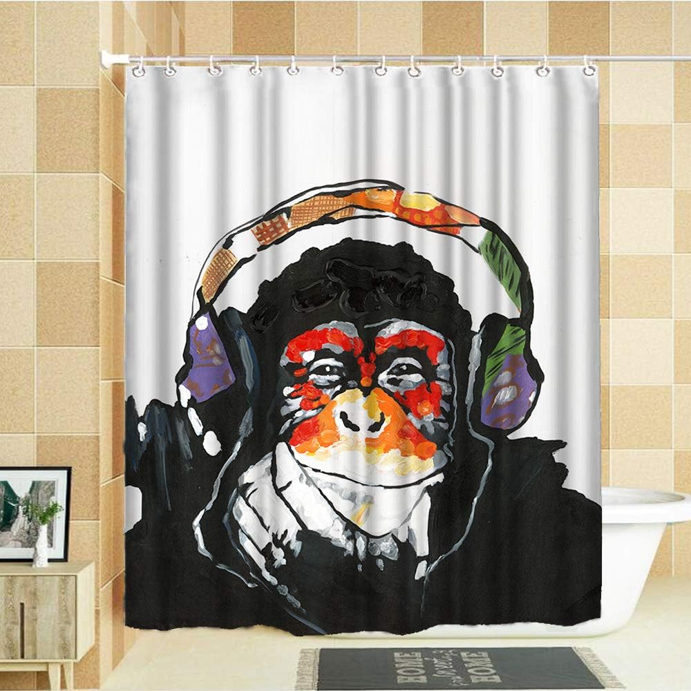 Colorful Monkey Shower Curtain, Funny Animal Portrait with Headset for Bathroom