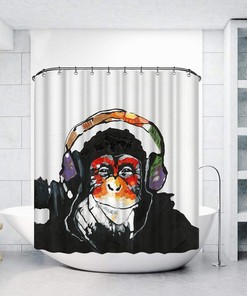 Colorful Monkey Shower Curtain, Funny Animal Portrait with Headset for Bathroom