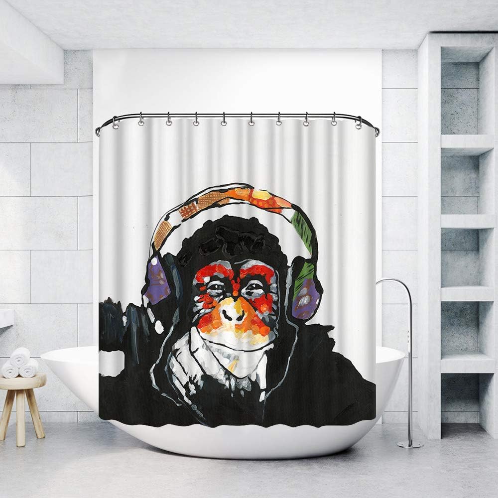 Colorful Monkey Shower Curtain, Funny Animal Portrait with Headset for Bathroom
