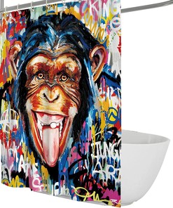 Colorful Monkey Shower Curtain Set - Banksy Graffiti Inspired - Kids Bathroom Decor