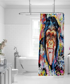 Colorful Monkey Shower Curtain Set - Banksy Graffiti Inspired - Kids Bathroom Decor