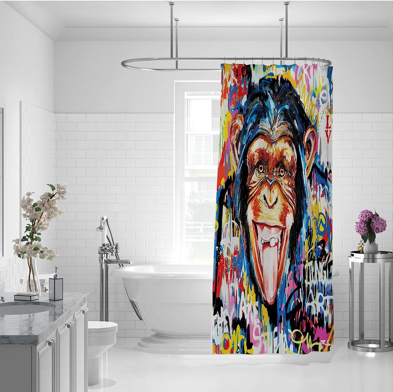 Colorful Monkey Shower Curtain Set - Banksy Graffiti Inspired - Kids Bathroom Decor