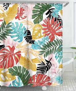 Colorful Monstera Leaf Print Shower Curtain For Botanical Palm Modern Bathroom Decor