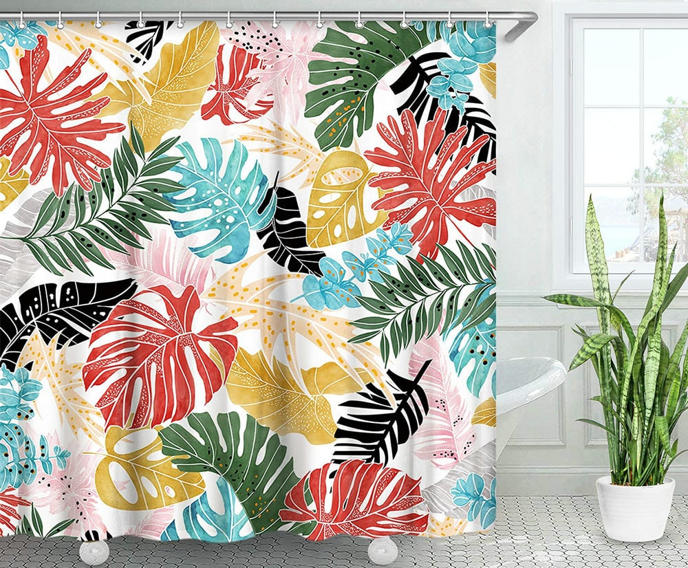 Colorful Monstera Leaf Print Shower Curtain For Botanical Palm Modern Bathroom Decor