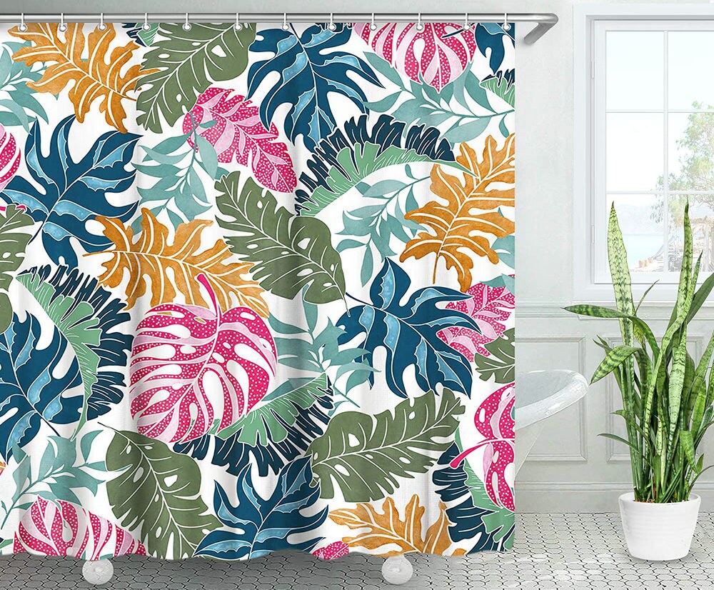 Colorful Monstera Leaf Print Shower Curtain For Botanical Palm Modern Bathroom Decor - Image 4
