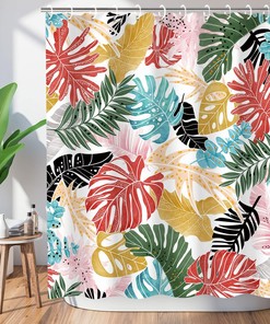 Colorful Monstera Leaf Shower Curtain - Palm Banana Leaves Botanical Jungle Bathroom Decor
