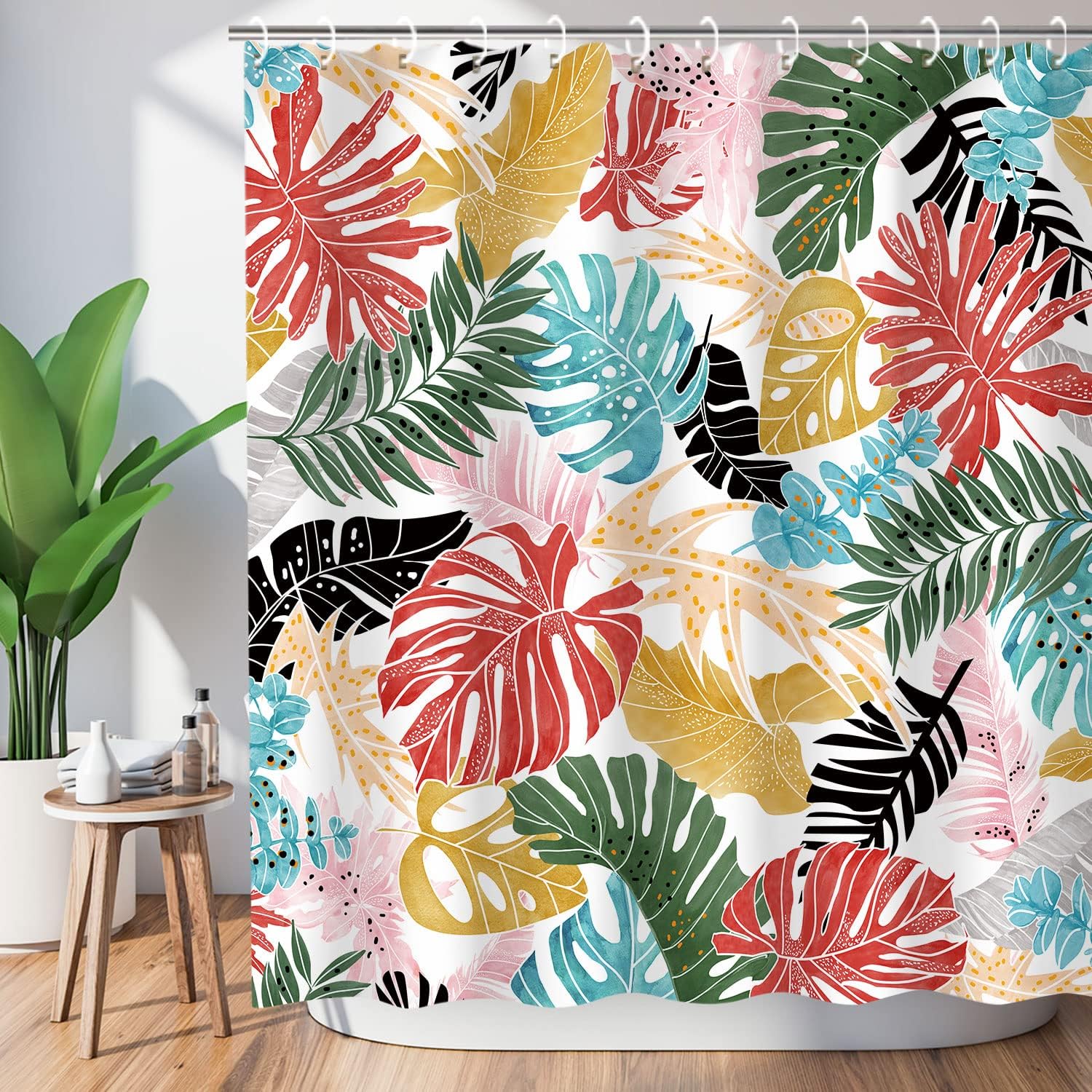 Colorful Monstera Leaf Shower Curtain - Palm Banana Leaves Botanical Jungle Bathroom Decor