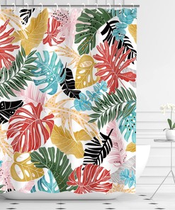 Colorful Monstera Leaf Shower Curtain - Palm Banana Leaves Botanical Jungle Bathroom Decor