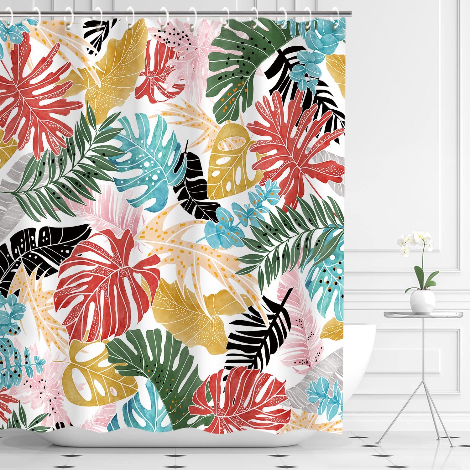 Colorful Monstera Leaf Shower Curtain - Palm Banana Leaves Botanical Jungle Bathroom Decor