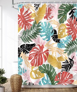 Colorful Monstera Leaf Shower Curtain - Palm Banana Leaves Botanical Jungle Bathroom Decor