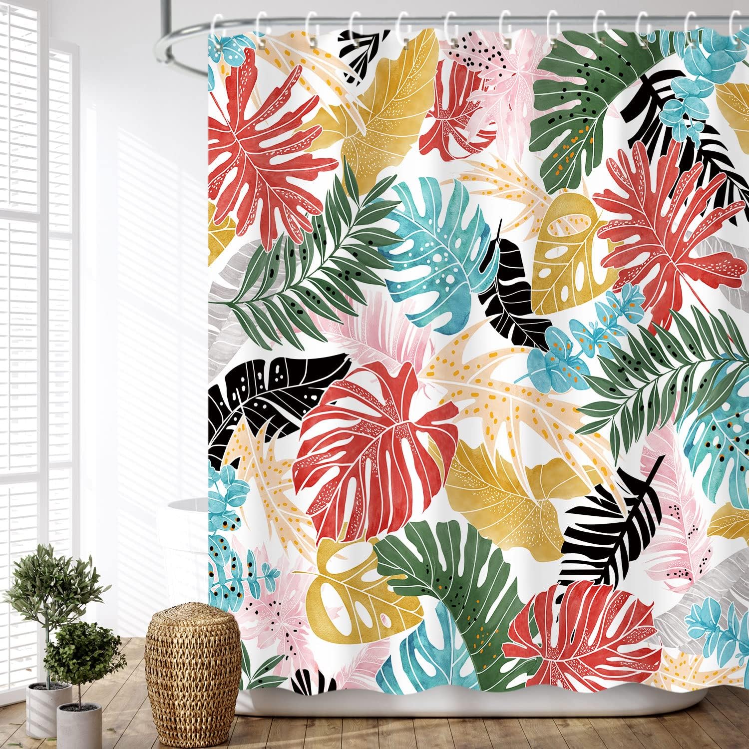 Colorful Monstera Leaf Shower Curtain - Palm Banana Leaves Botanical Jungle Bathroom Decor