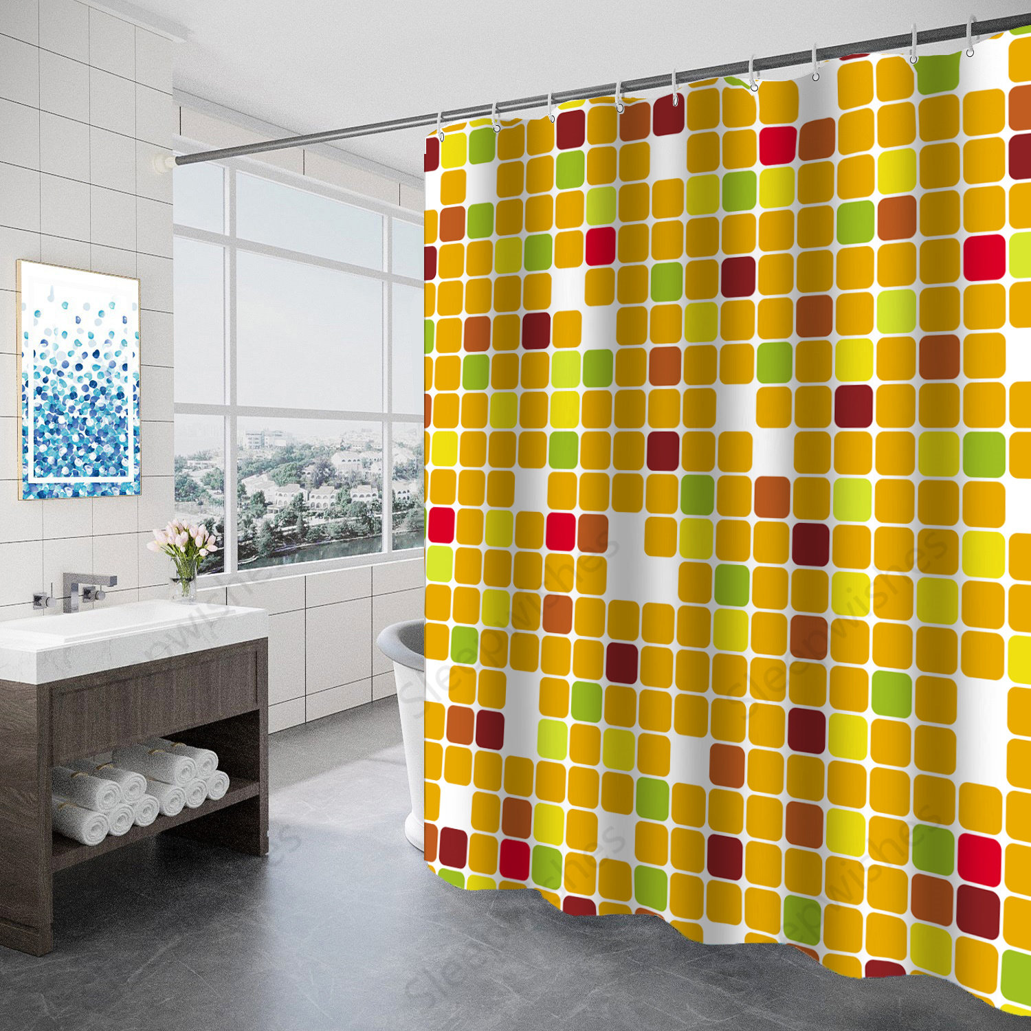 Colorful Mosaic Squares Print Shower Curtain For Geometric Bathroom Decor
