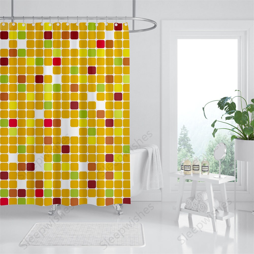 Colorful Mosaic Squares Print Shower Curtain For Geometric Bathroom Decor - Image 2