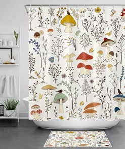 Colorful Mushroom Botanical Spring Floral Shower Curtain for Bathroom