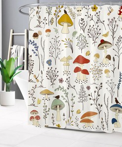 Colorful Mushroom Botanical Spring Floral Shower Curtain for Bathroom
