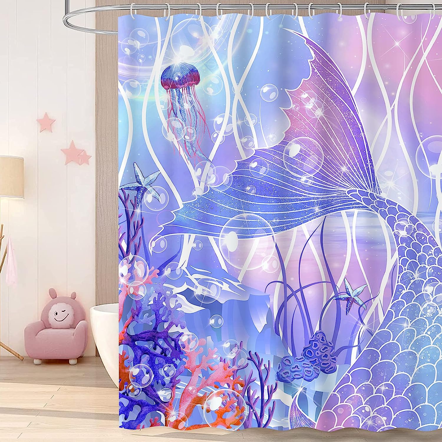 Colorful Ocean Beach Mermaid Shower Curtain for Girls Bathroom