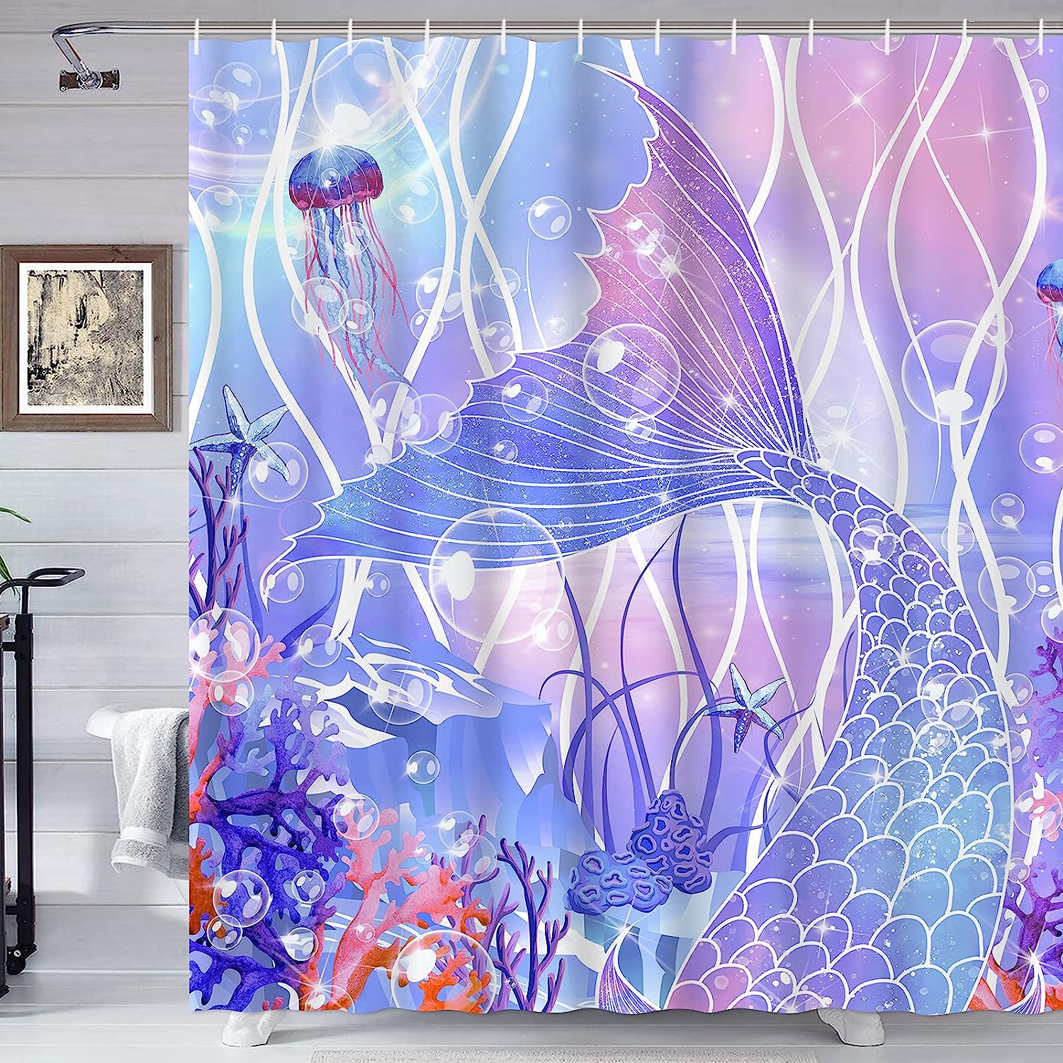 Colorful Ocean Beach Mermaid Shower Curtain for Girls Bathroom
