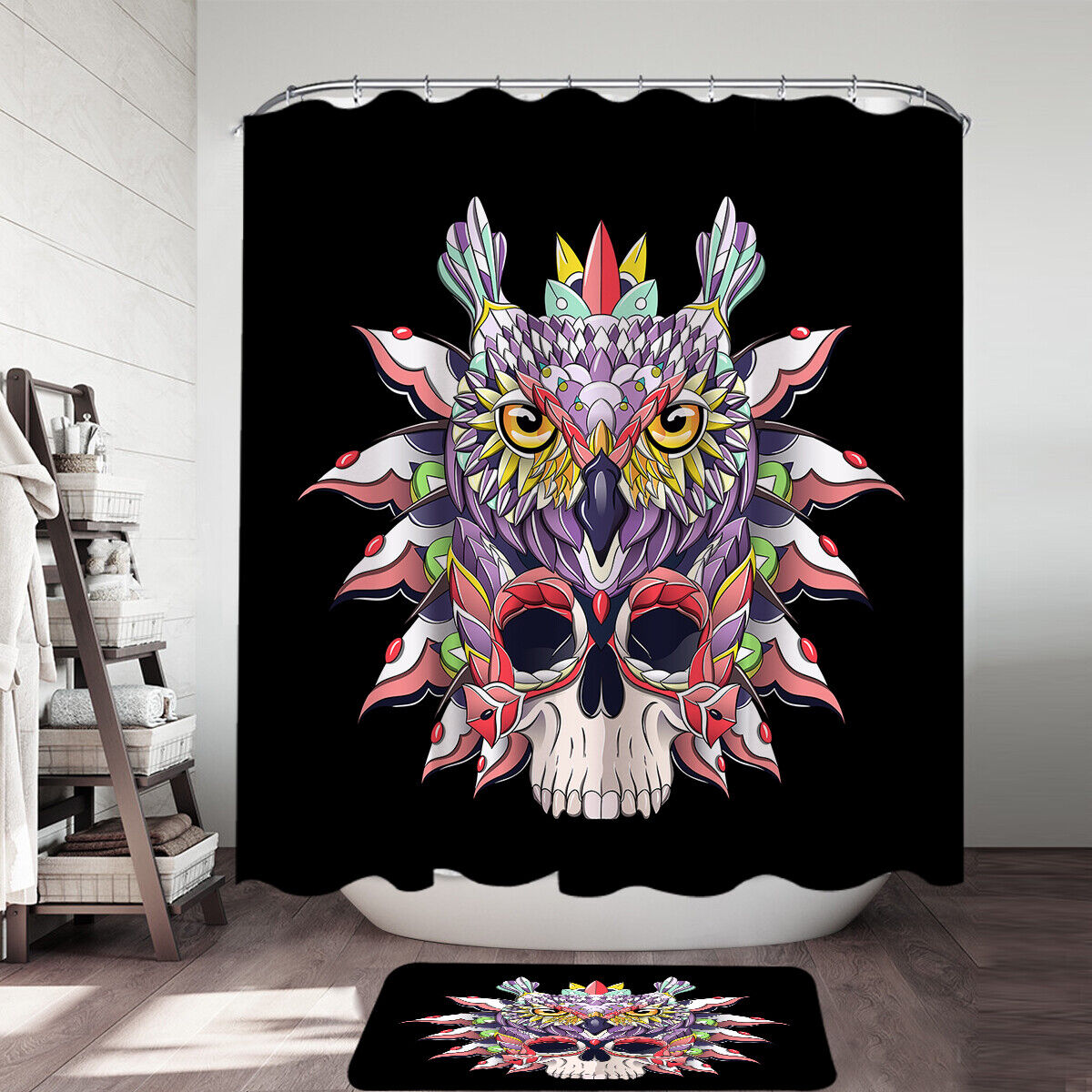 Colorful Owl And Skull Unique Shower Curtain For Artsy Bathroom Decor