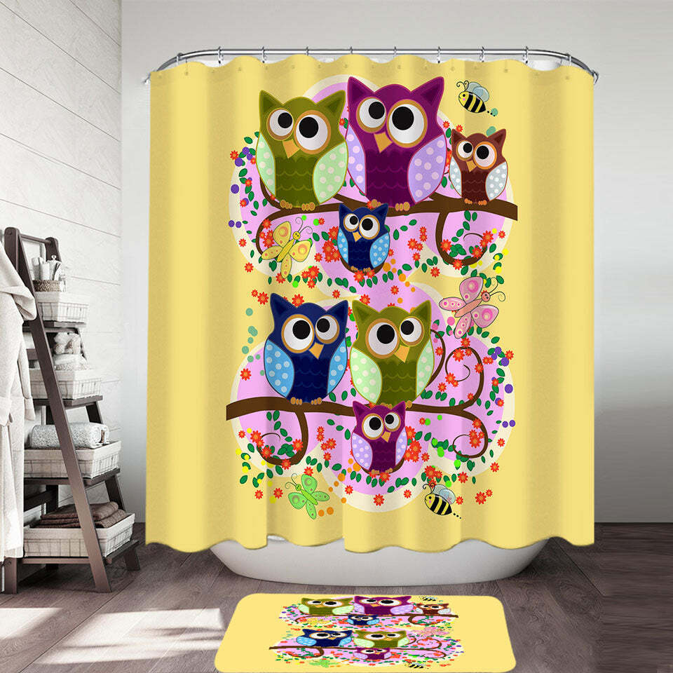 Colorful Owl Print Bathroom Curtain