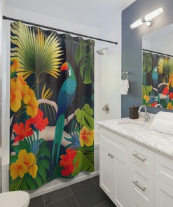 Colorful Palm Trees, Birds and Flowers Lush Tropical Paradise Shower Curtain Custom Printed for Your Bathroom