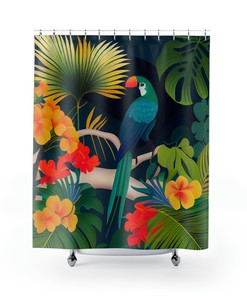 Colorful Palm Trees, Birds and Flowers Lush Tropical Paradise Shower Curtain Custom Printed for Your Bathroom