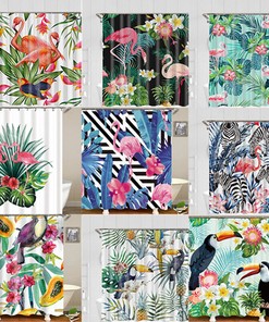 Colorful Parrot and Flamingo Tropical Shower Curtain for Bathroom Decor