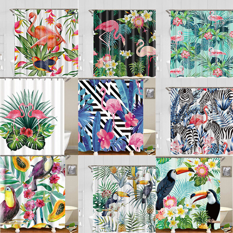 Colorful Parrot and Flamingo Tropical Shower Curtain for Bathroom Decor