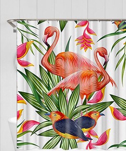 Colorful Parrot and Flamingo Tropical Shower Curtain for Bathroom Decor