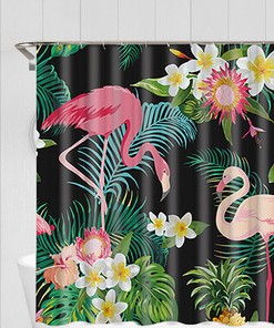 Colorful Parrot and Flamingo Tropical Shower Curtain for Bathroom Decor