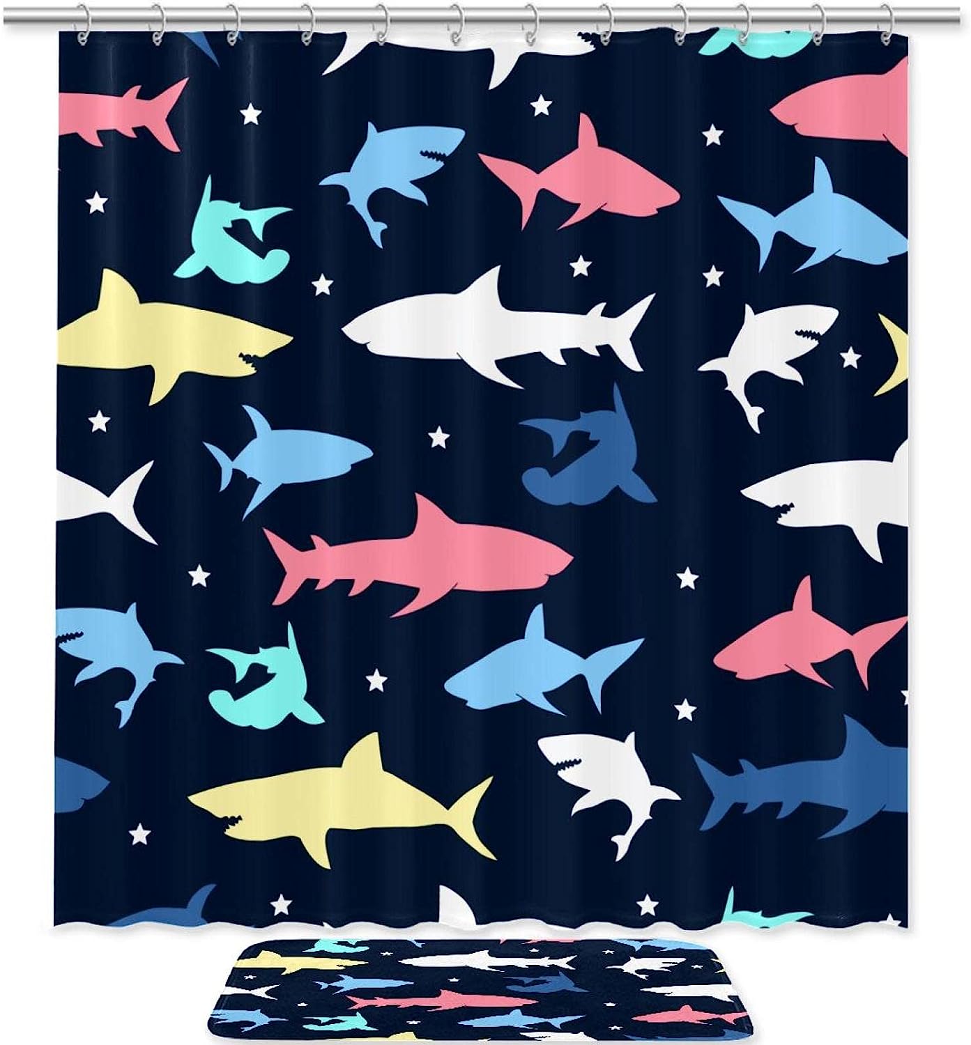 Colorful Patterned Shark Bathroom Shower Curtain