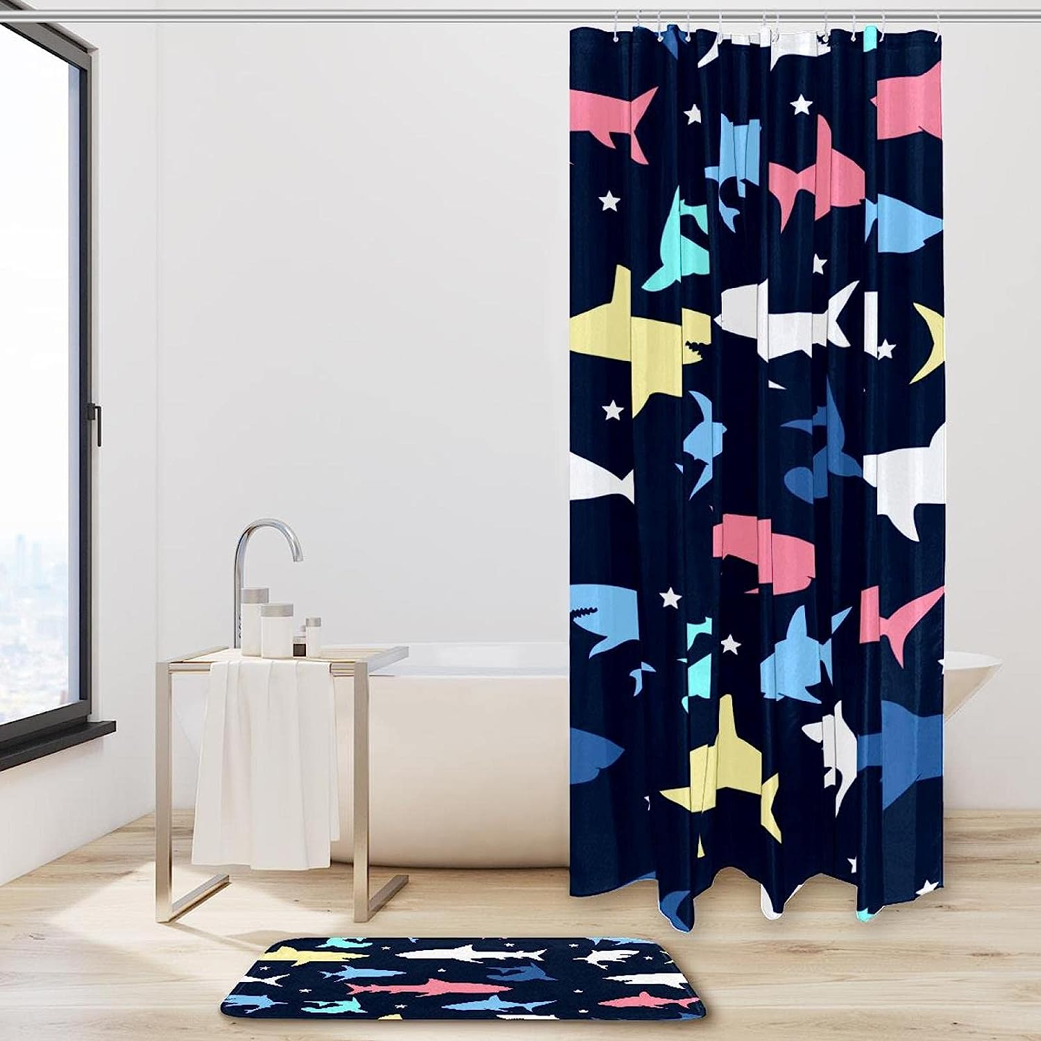 Colorful Patterned Shark Bathroom Shower Curtain
