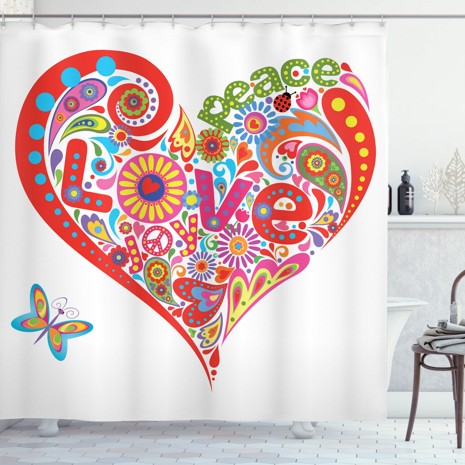 Colorful Peace Heart Hippie Shower Curtain For Groovy Bathroom Decor