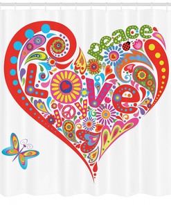 Colorful Peace Heart Hippie Shower Curtain For Groovy Bathroom Decor