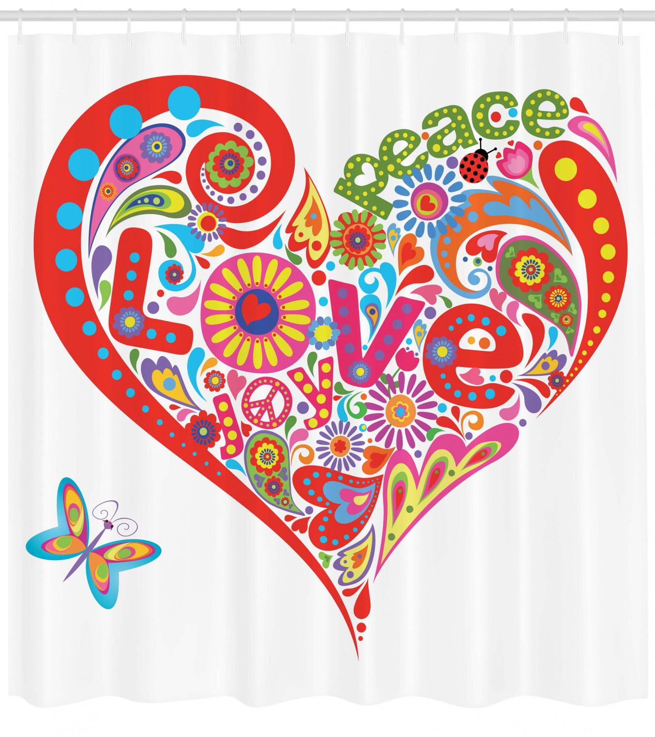 Colorful Peace Heart Hippie Shower Curtain For Groovy Bathroom Decor