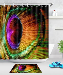 Colorful Peacock Feather Bathroom Shower Curtain With Hooks