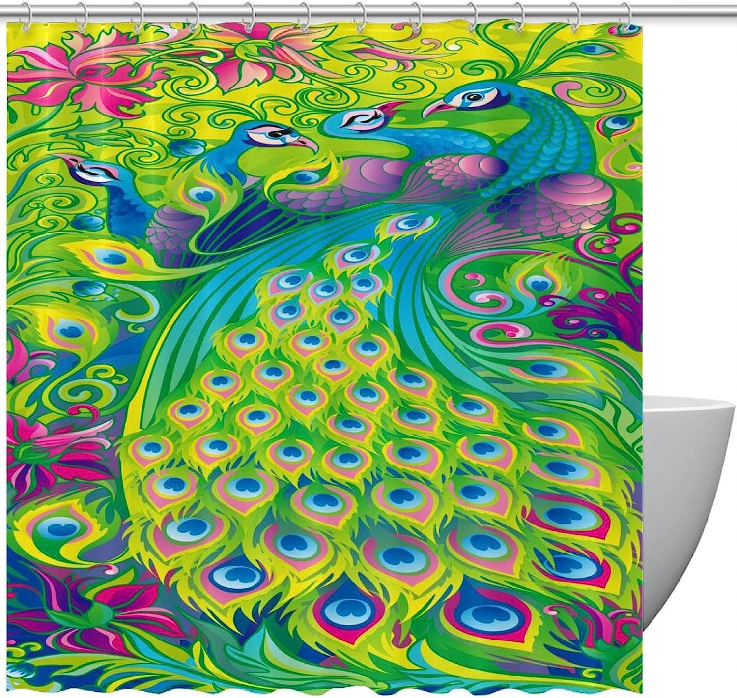 Colorful Peacock Feather Jungle Fabric Shower Curtain for Bathroom Decor
